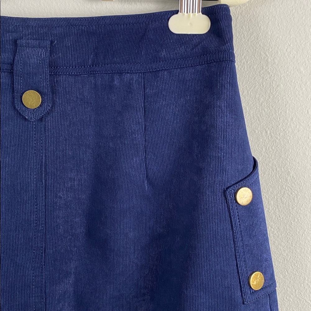 Vee Corduroy Midi Skirt | Lined, Front Slit, 2 Pockets | Navy/Gold - Picture 10 of 15